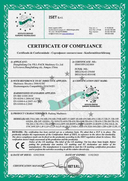 Chiny Zhangjiagang City FILL-PACK Machinery Co., Ltd Certyfikaty